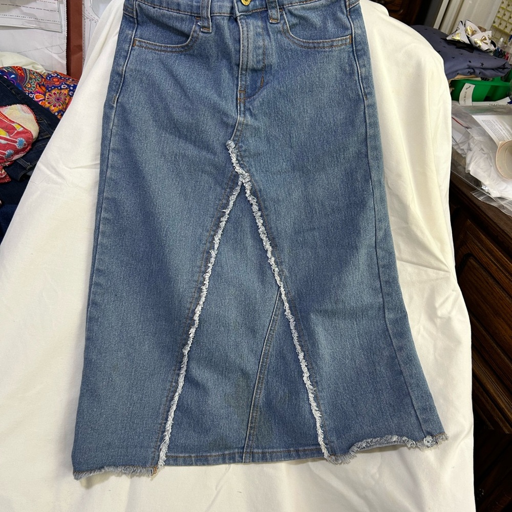 Blue Denim Skirt with Frayed Hem and V-Split